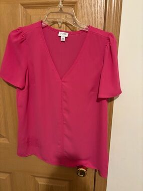J. Crew V-Neck Short Sleeve Blouse in Hot Pink